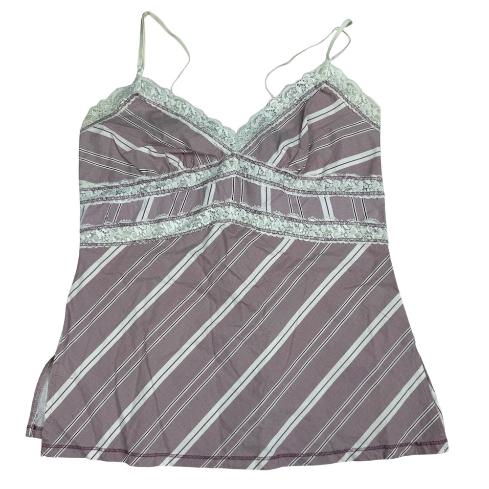 Charlotte Russe Vintage Y2K Striped Lace Trim Cami Top Pink White Sz L Fitted
